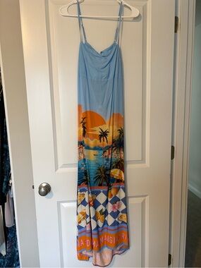 Sky Blue Amalfi Coast Print Maxi Slip Dress